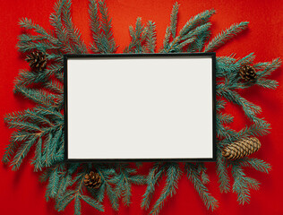Christmas background. Mockup on fir branches.