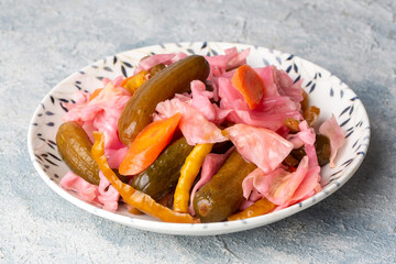 Assorted pickled vegetables in bowl - plate, Turkish name; tursu.