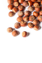 Shelled hazelnuts on the white background