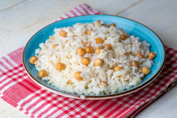 Turkish Rice with chickpea served, Turkish name; Nohutlu pilav or pilaf