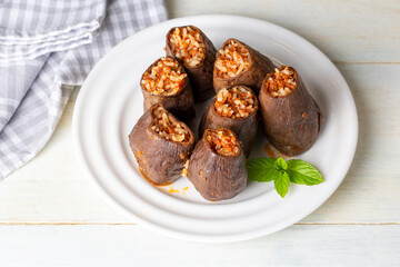 Traditional delicious Turkish foods; dried eggplant stuffed (Turkish name; Kuru patlican dolmasi)