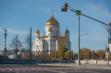 View of the Cathedral of Christ the Savior in Moscow from the side of the Bolshoi Kamenny Bridge in an autumn sunny day