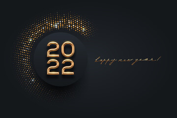 2022 new year logo with shining golden halftone on black background. Luxury template design. Vector illustration.
