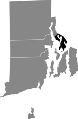 Black highlighted location map of the Bristol County inside gray administrative map of the Federal State of Rhode Island, USA