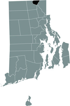 Black highlighted location map of the Woonsocket inside gray administrative map of the Federal State of Rhode Island, USA