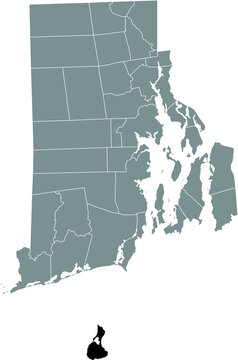 Black highlighted location map of the New Shoreham inside gray administrative map of the Federal State of Rhode Island, USA