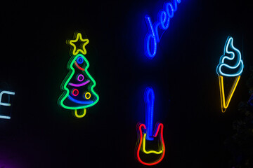 neon signs on the wall in the New Year's interior 