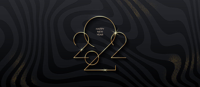 Golden 2022 New Year logo on black striped background with glitter gold. Holiday greeting card. Vector illustration. Holiday design for greeting card, invitation, calendar, etc.