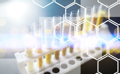Research Analyzing Agricultural Grains And seeds In The Laboratory. Background with futuristic flare.