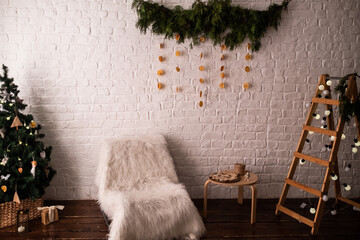 Pre-holiday Christmas bustle. Christmas decorated interior. Holiday decorations in a room. Concept...