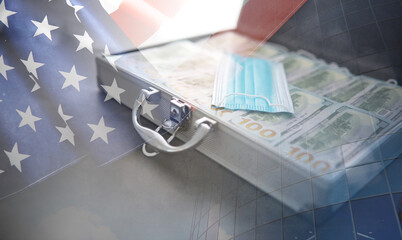 A metal suitcase filled with American 100 dollar bills. Double exposure. Investment, bribe, corruption concept.