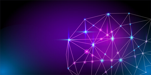Template for a horizontal banner with a neural network image. Vector illustration in a futuristic neon style.