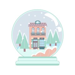 Two-storey House and chrictmas tree in snow globe.