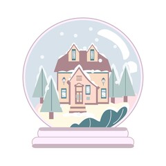Modern Cottage and chrictmas tree in snow globe.