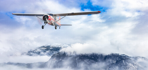 Fototapeta na wymiar Airplane flying over the mountain landscape during cloudy day. Dramatic Adventure Concept. 3D rendering plane. Background from Squamish, British Columbia, Canada.