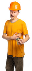 a guy in old clothes, a man in an orange T-shirt, a hat on top of his head. a man in a construction...
