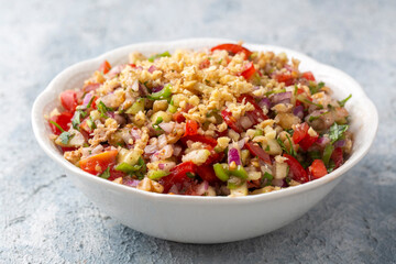 Traditional delicious Turkish cuisine, salad with tomatoes, cucumbers (Turkish name; Gavurdagi salata)