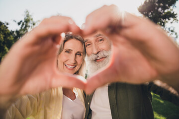 Photo of sweet senior white hair couple show heart wear casual shirts outdoors walk in park