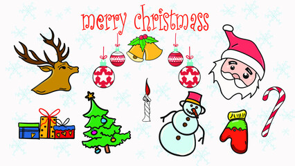 Fototapeta na wymiar Big set of Christmas design doodle elements with Merry Christmas Lettering