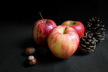 trio de pommes rainettes, de pin et marrons