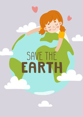 Cute little girl hugging the earth globe. Cartoon red hair child hug the world and smile.