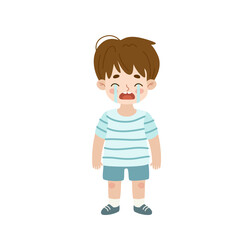 Little boy standing and crying. Sad expression of toddler. Weeping cute child. Upset kid.