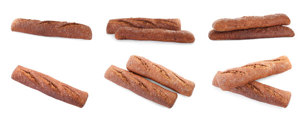 Set with freshly baked tasty baguettes on white background. Banner design