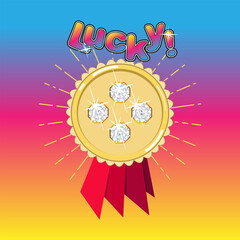 Gold medal with four diamonds and a red draped ribbon at the bottom. Beams radiate from the medal. Above the inscription - Lucky! Icon, symbol, sign, emblem. Vector illustration