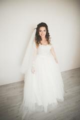 Fototapeta premium Gorgeous bride in robe posing and preparing for the wedding ceremony face in a room