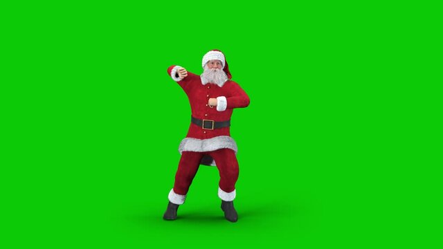 Santa Claus dances k-pop happy energetic dance. Merry christmas and happy new year dancing theme. Funny old Santa doing Gangnam style movements animation isolated on greenscreen with alpha 3D render