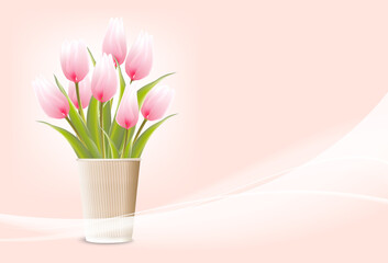 Wedding card with tulips on a light background. Invitation card with 3d vector flowers.