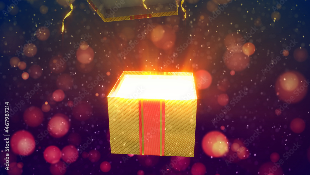 Poster opened golden and red present box - festive concept - abstract 3D rendering