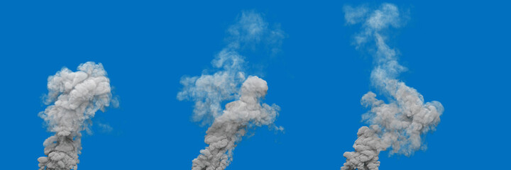 3 grey defilement smoke columns from power plant or factory on blue, isolated - industrial 3D illustration