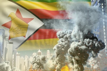 large smoke column with fire in the modern city - concept of industrial blast or terrorist act on Zimbabwe flag background, industrial 3D illustration