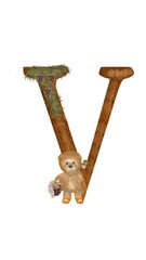 Letter V font. The original autumn alphabet for kids with a wonderful teddy bear, which learns the letters with the baby. Great choice for holiday decorations, cards, presentations or textbook