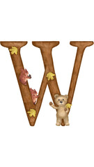 Letter W font. The original autumn alphabet for kids with a wonderful teddy bear, which learns the letters with the baby. Great choice for holiday decorations, cards, presentations or textbook