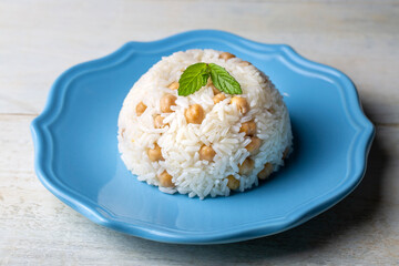 Turkish Rice with chickpea served, Turkish name; Nohutlu pilav or pilaf