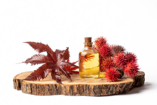 Castor oil bottle with castor fruits, seeds and leaf. Ricinus Communis plant oil. Turkish name; hint yagi