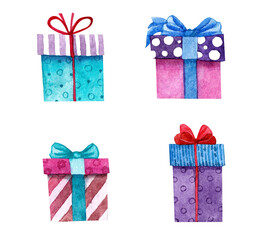 set of watercolor boxes drawing with gifts, gifts for the holidays, holiday gifts
