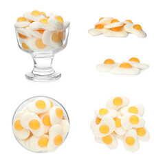 Set with tasty jelly candies in shape of egg on white background