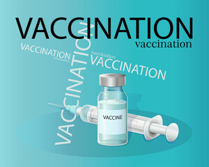 Medicine and health. Vaccination and vaccinations. A syringe with a vaccine on a green-blue background in a vector. Posters on medicine.