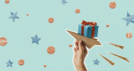 Art collage. Paper airplane with gift box. Online shopping concept, gift delivery.