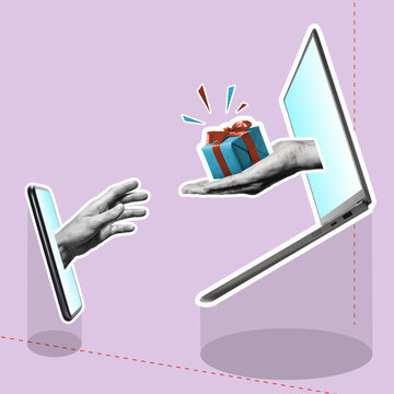 Abstract Collage With Laptop, Smartphone And Human Hand With Gift Box. Concept Of Online Shopping, Gift Delivery.