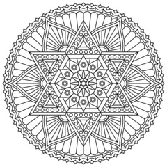 Coloring page with mandala with six-pointed star and floral pattern. Vector drawing.