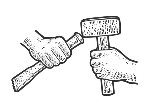 sculptor hands with hammer and chisel doing stone work sketch engraving vector illustration. T-shirt apparel print design. Scratch board imitation. Black and white hand drawn image.