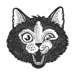 Cat head face sketch engraving vector illustration. T-shirt apparel print design. Scratch board imitation. Black and white hand drawn image.