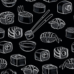 sushi rolls, fish hand drawn, isolated seamless chalk pattern on dark background. Concept for menu. cards, print