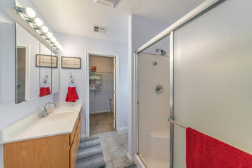 Interior of a bathroom with walk in closet and shower stall