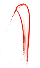 An abstract red splash created by throwing a red liquid into the air against a white background.