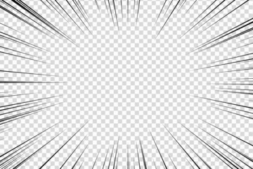 Speed lines as manga comic effect on transparent background. Cartoon anime action background. Vector illustration of blast motion effect or explosion frame. Flash ray blast glow